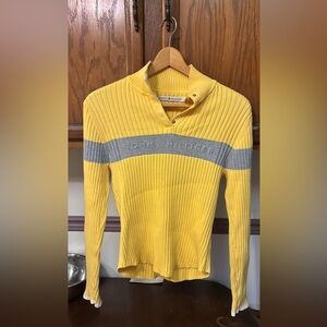 Y2K 2005 Tommy Hilfiger Large Yellow Gray Cotton Sweater Preppy Ribbed Knit
